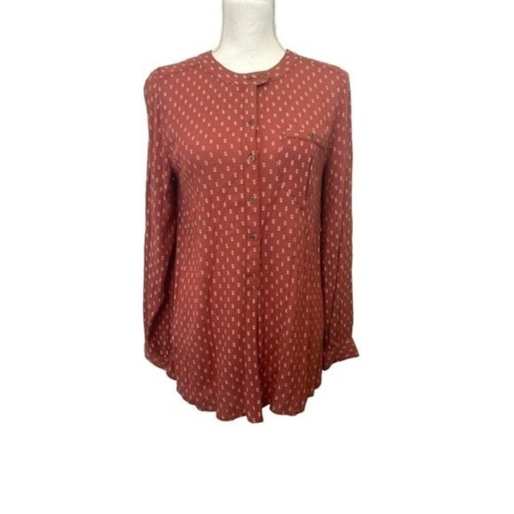 Free People XS Rust Boho Button Front Blouse Long Sleeve Micro Print Top